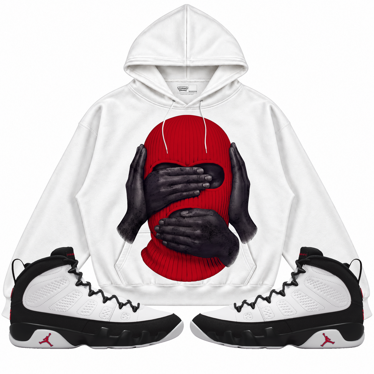 Rebranded Studios apparel — front styled with matching sneakers