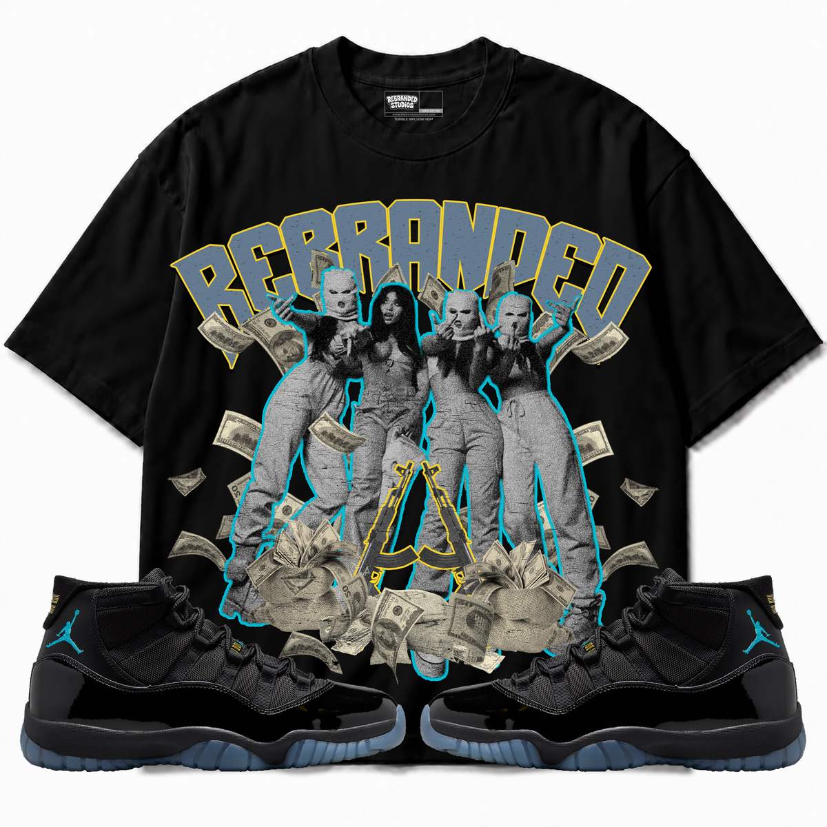 Rebranded Studios apparel — front styled with matching sneakers