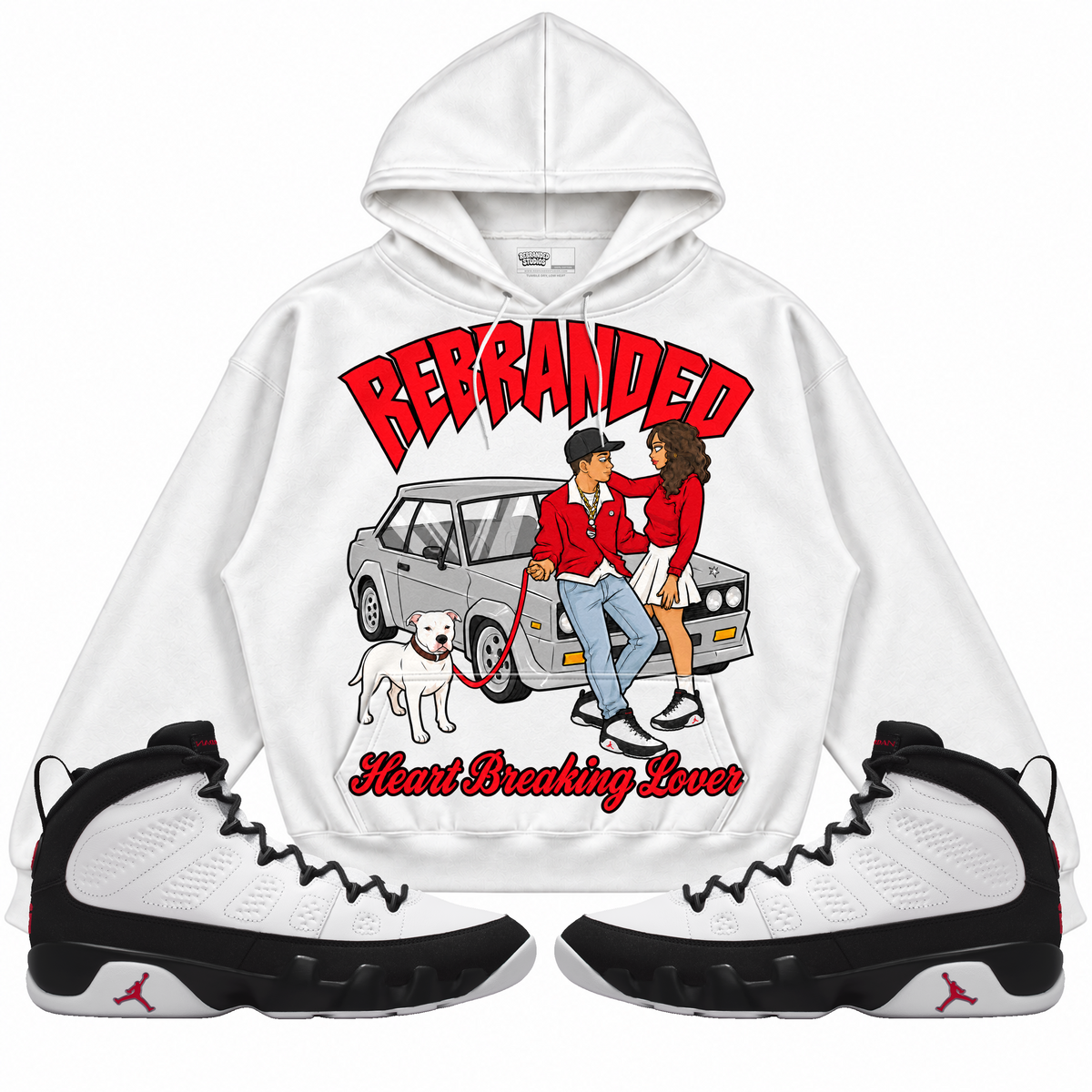 Rebranded Studios apparel — front styled with matching sneakers