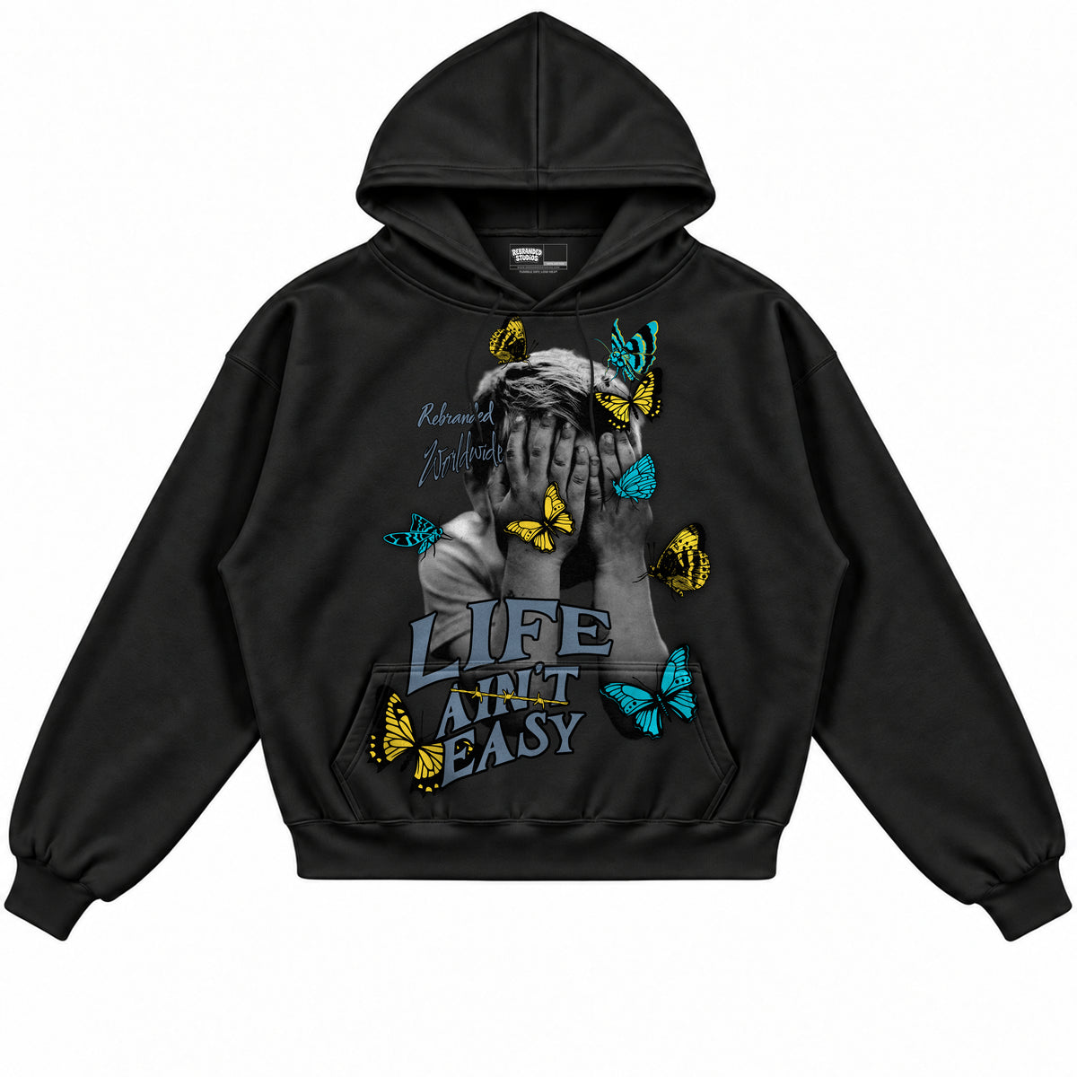 Rebranded Studios apparel — front without sneakers