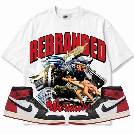 Rebranded Studios apparel — front styled with matching sneakers