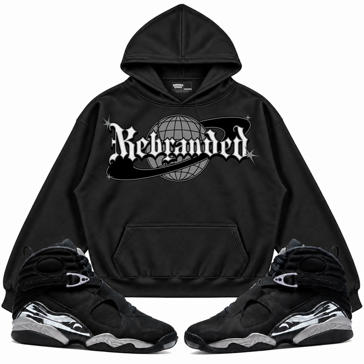 Rebranded Studios apparel — front styled with matching sneakers