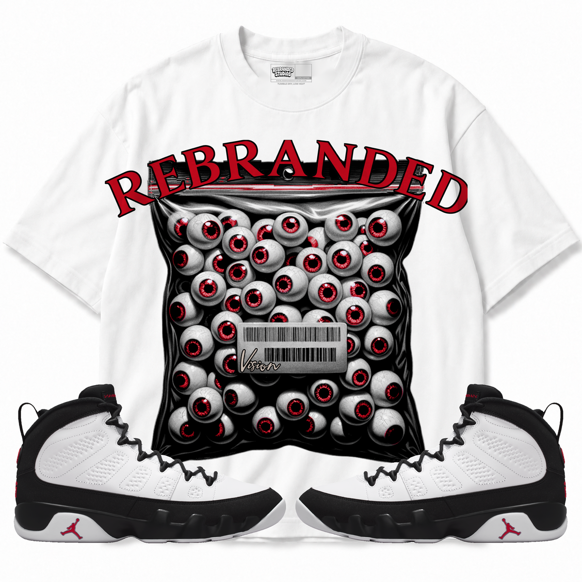 Rebranded Studios apparel — front styled with matching sneakers