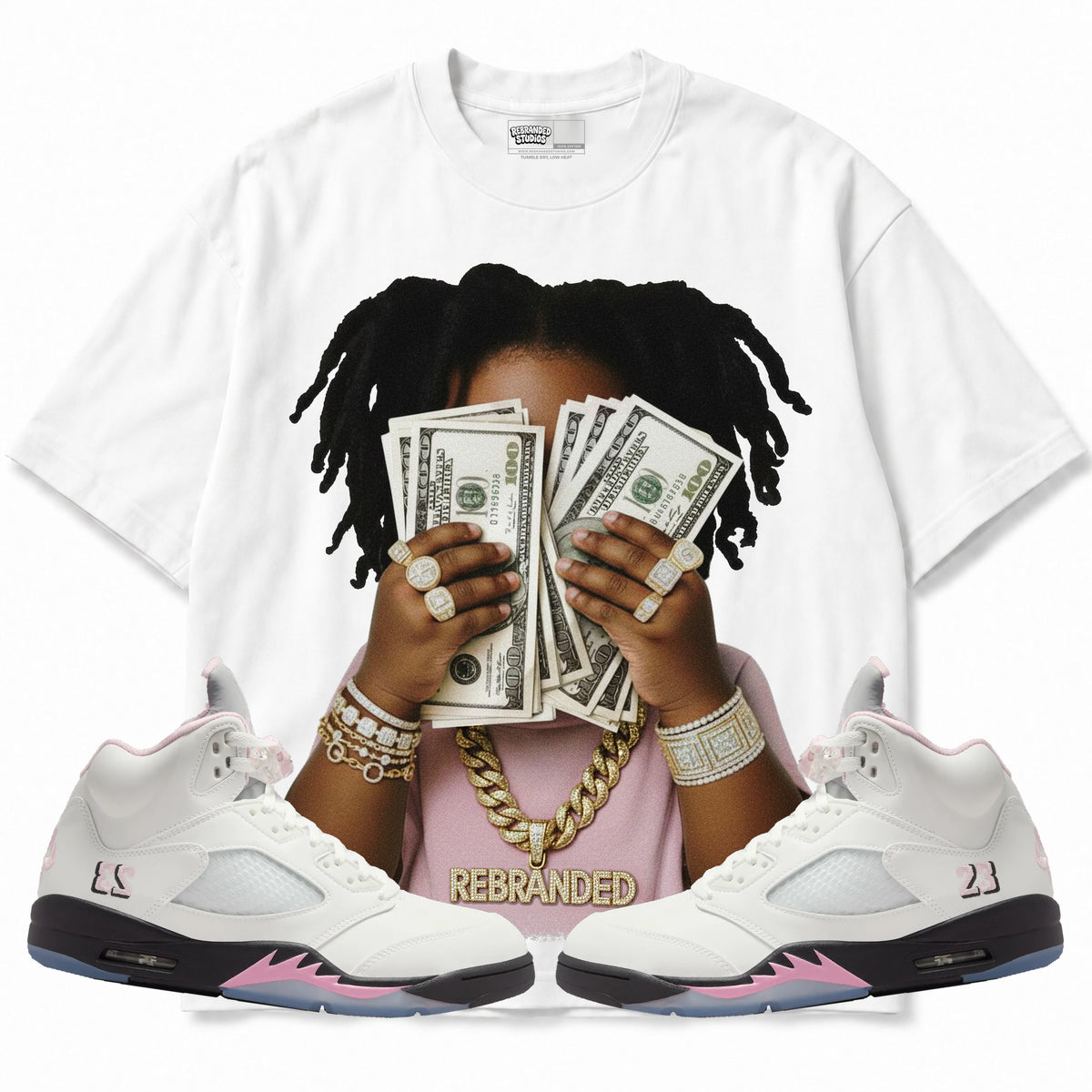 Rebranded Studios apparel — front styled with matching sneakers