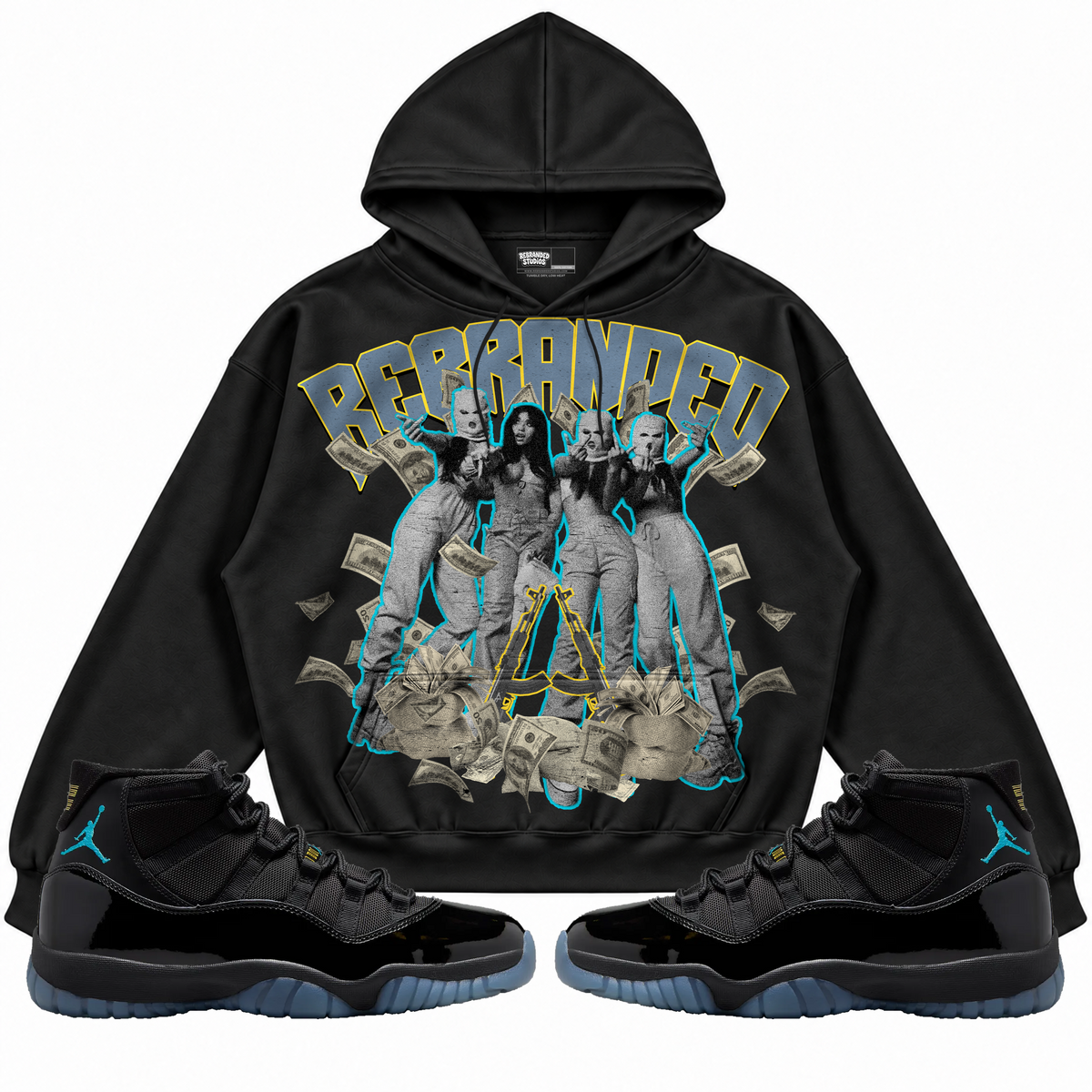 Rebranded Studios apparel — front styled with matching sneakers