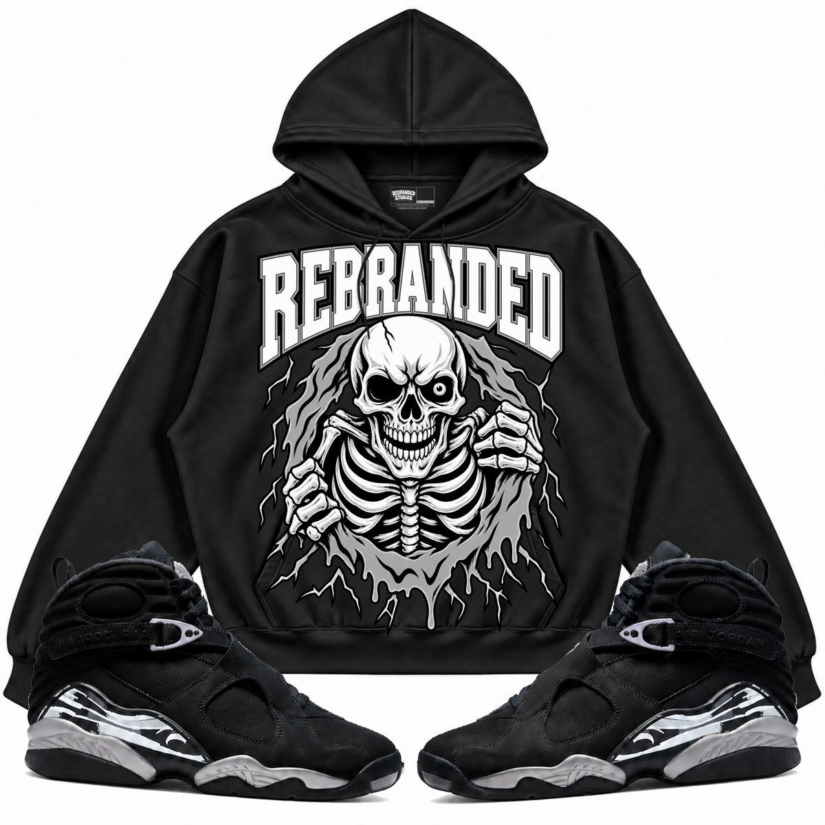 Rebranded Studios apparel — front styled with matching sneakers