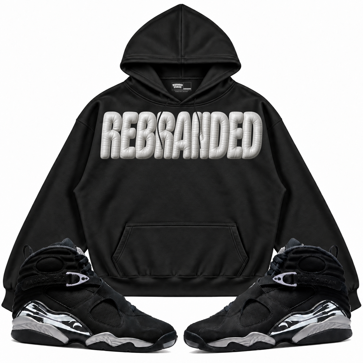 Rebranded Studios apparel — front styled with matching sneakers