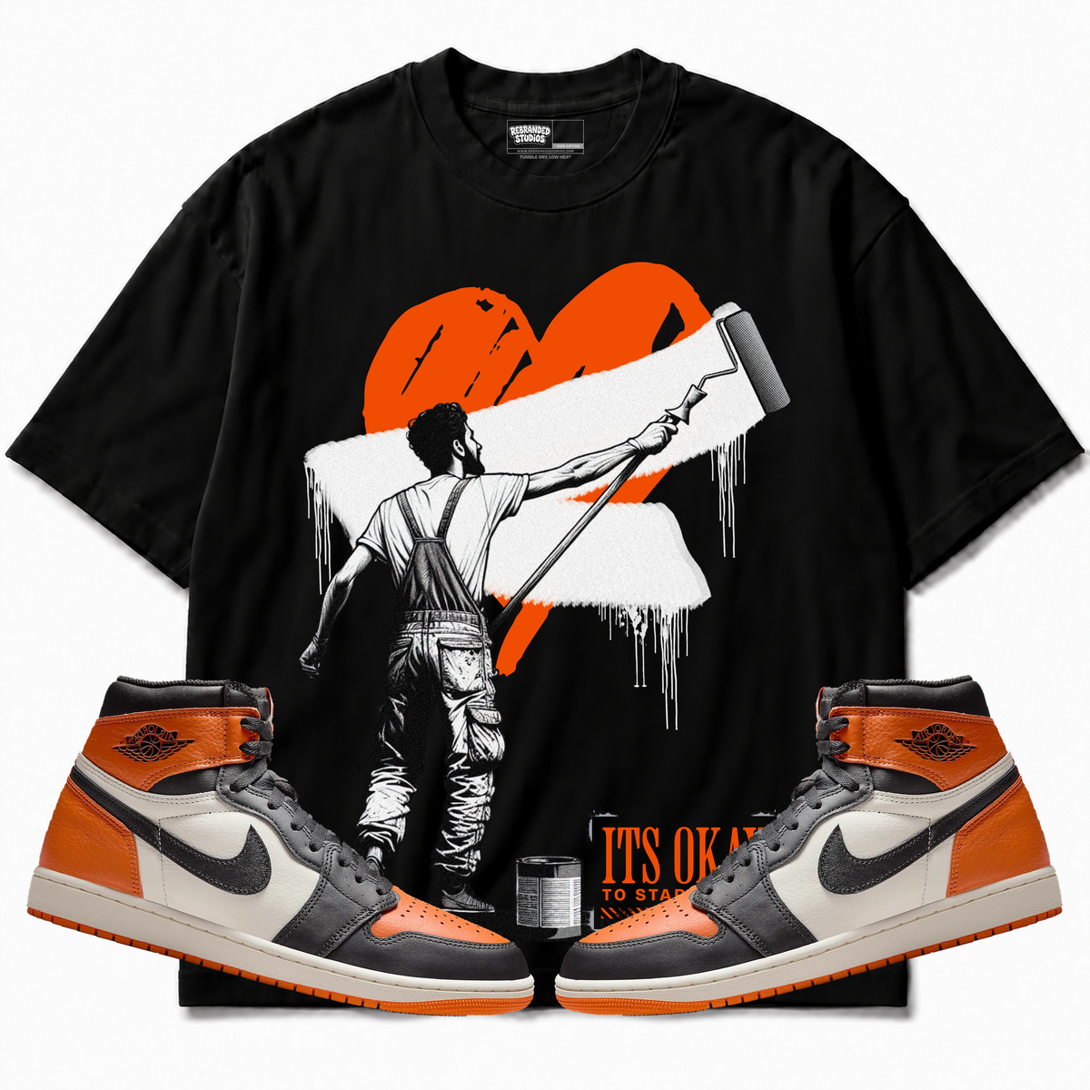 Rebranded Studios apparel — front styled with matching sneakers