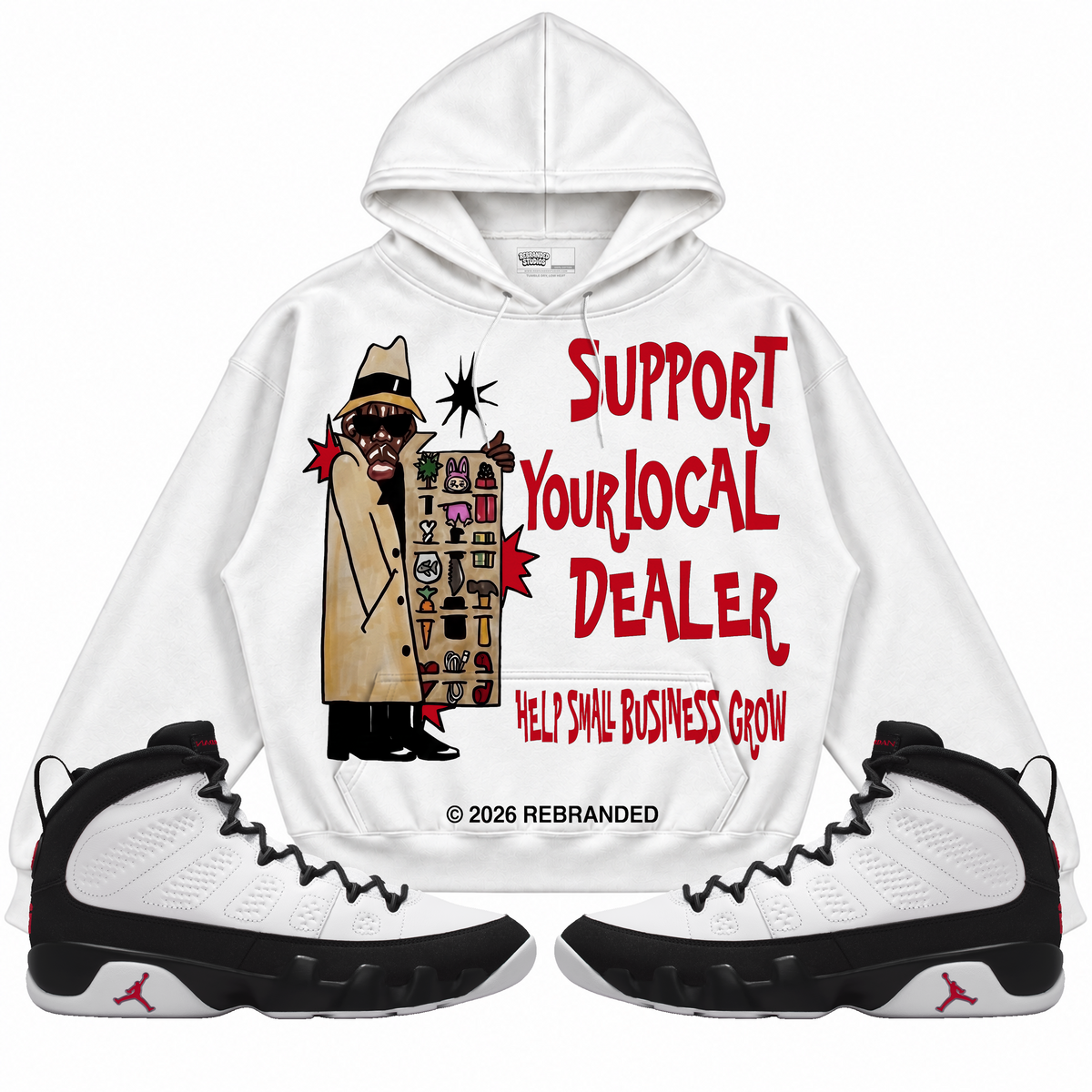 Rebranded Studios apparel — front styled with matching sneakers