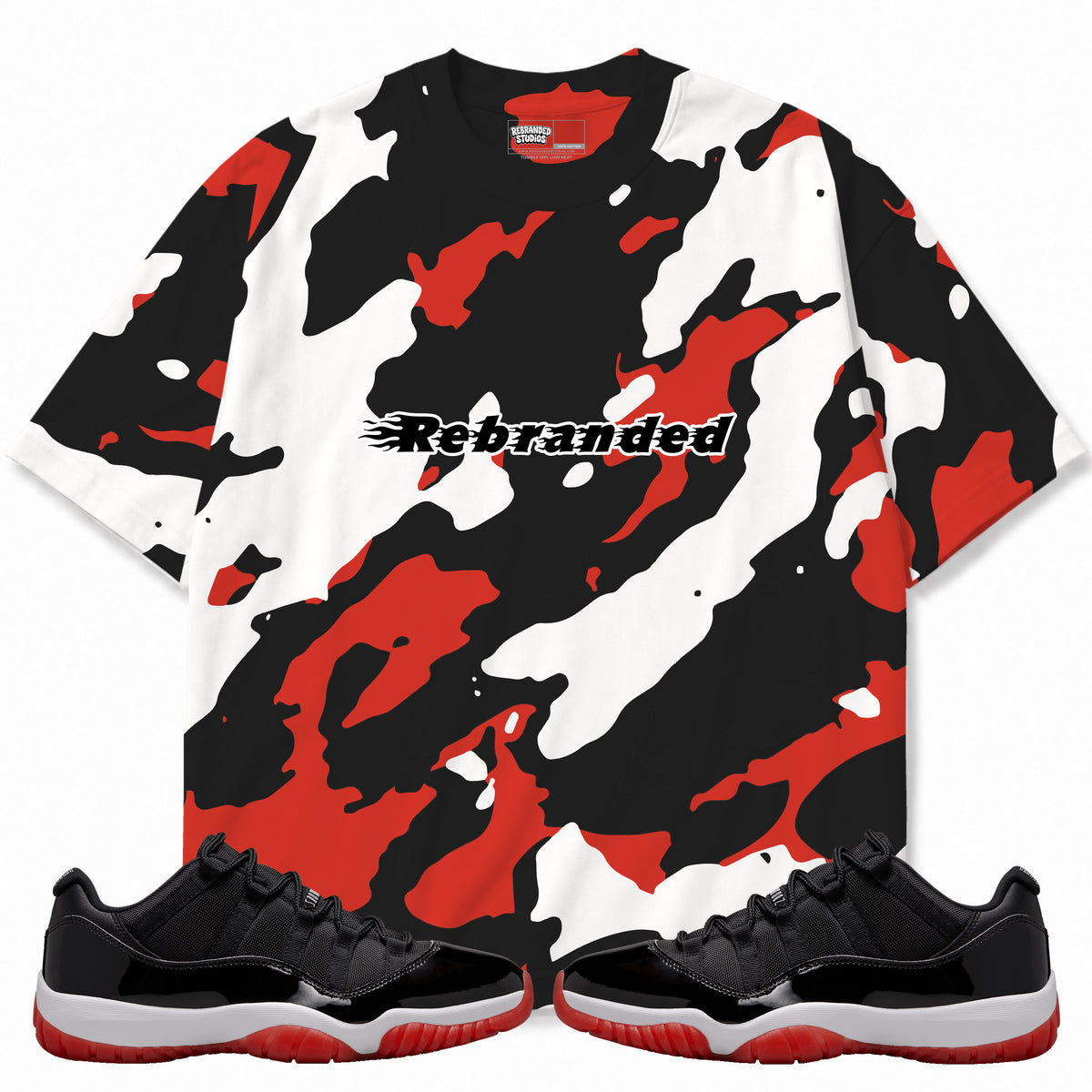 Rebranded Studios apparel — front styled with matching sneakers