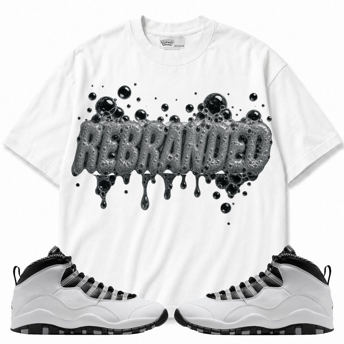Rebranded Studios apparel — front styled with matching sneakers