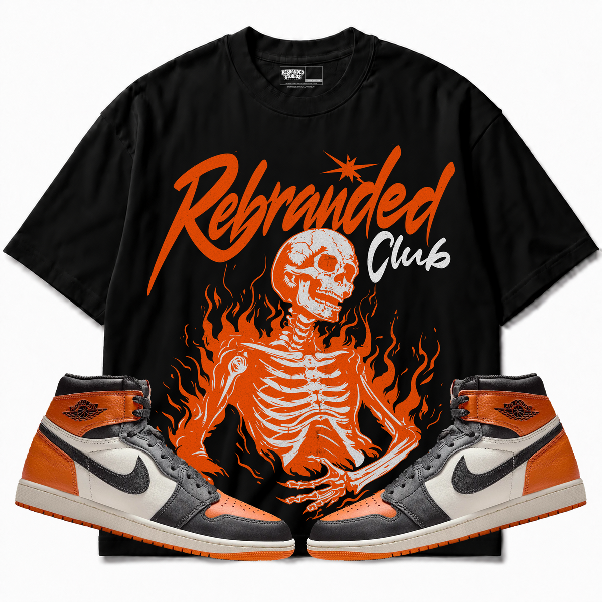 Rebranded Studios apparel — front styled with matching sneakers