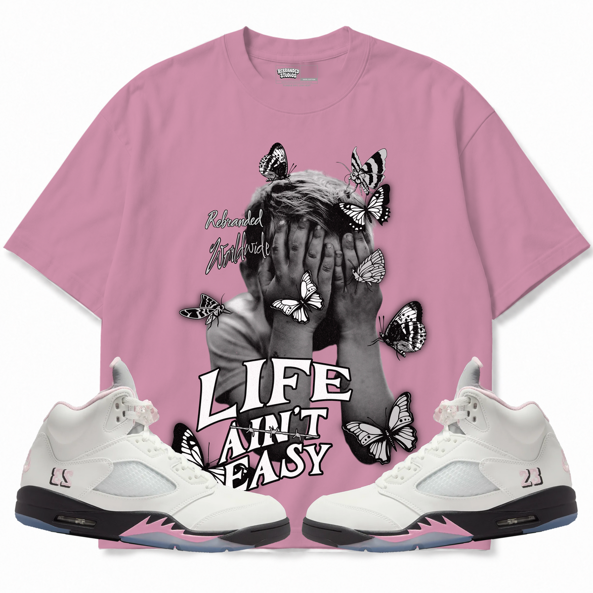 Rebranded Studios apparel — front styled with matching sneakers