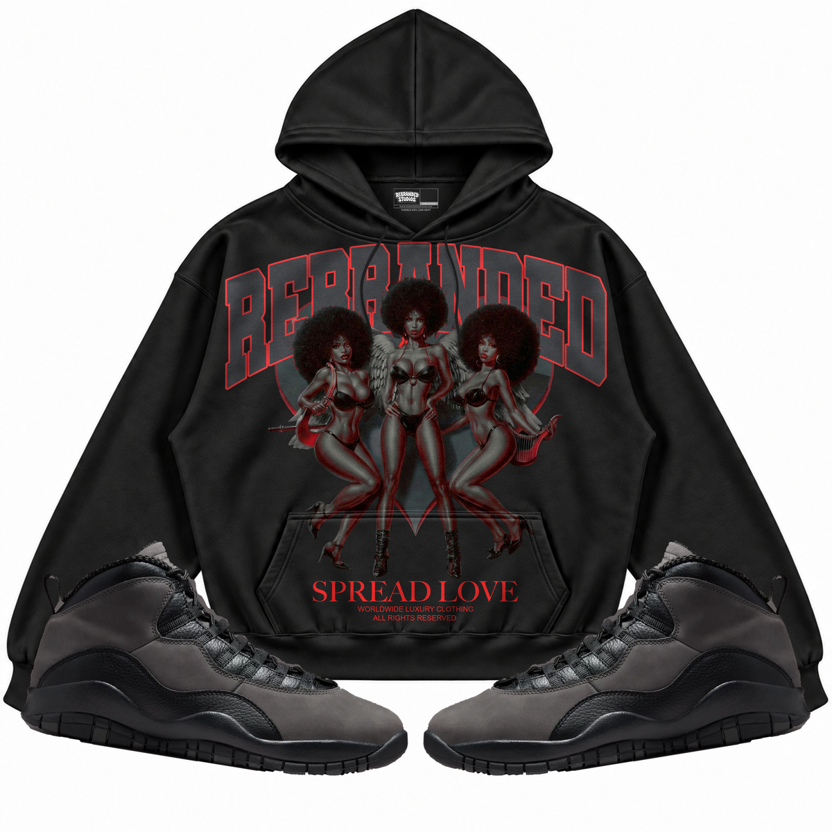 Rebranded Studios apparel — front styled with matching sneakers