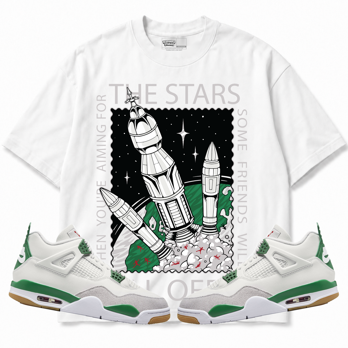 Rebranded Studios apparel — front styled with matching sneakers
