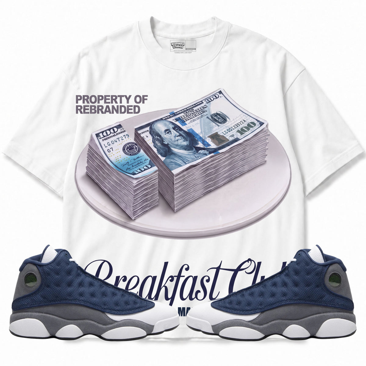 Rebranded Studios apparel — front styled with matching sneakers