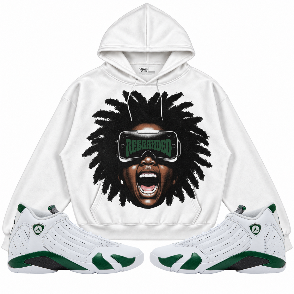 Rebranded Studios apparel — front styled with matching sneakers