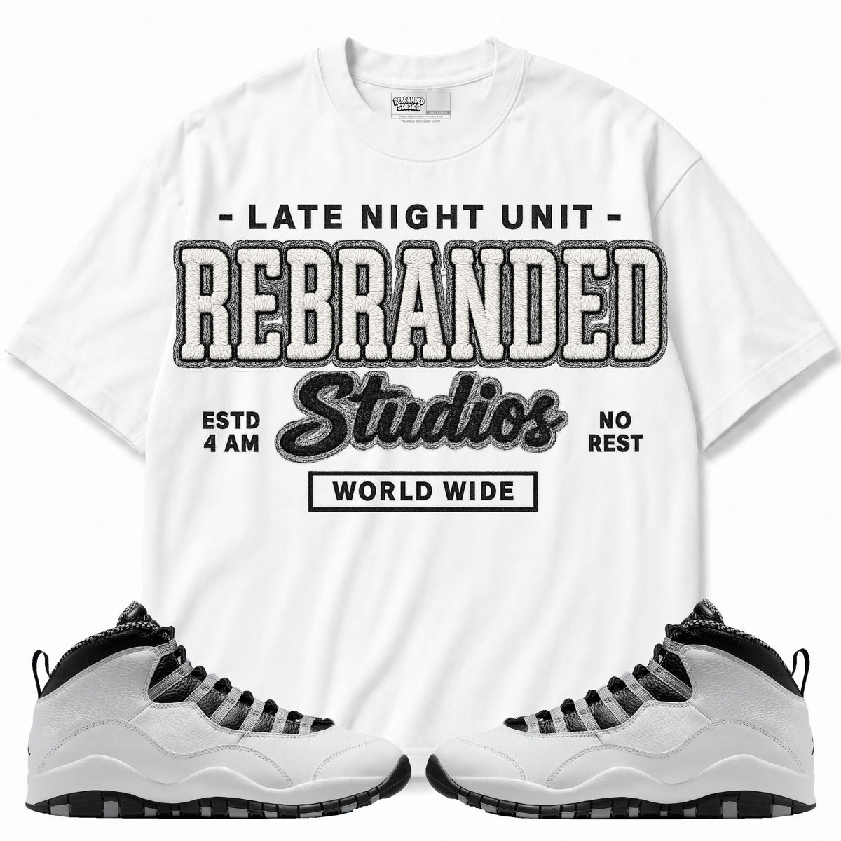 Rebranded Studios apparel — front styled with matching sneakers