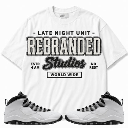 Rebranded Studios apparel — front styled with matching sneakers