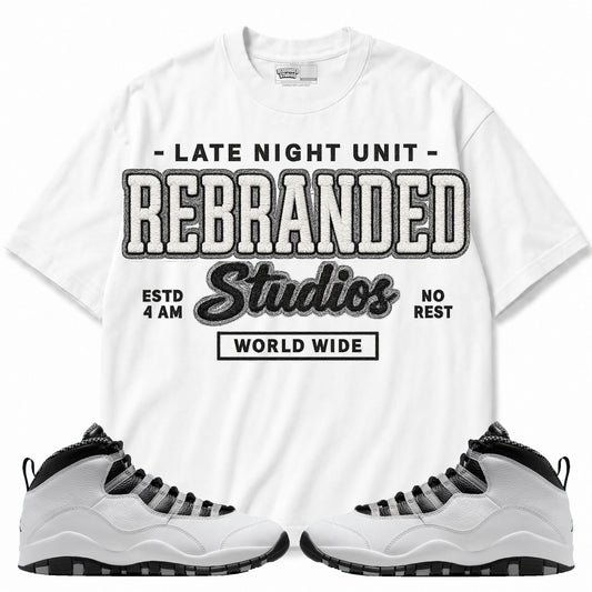 Rebranded Studios apparel — front styled with matching sneakers