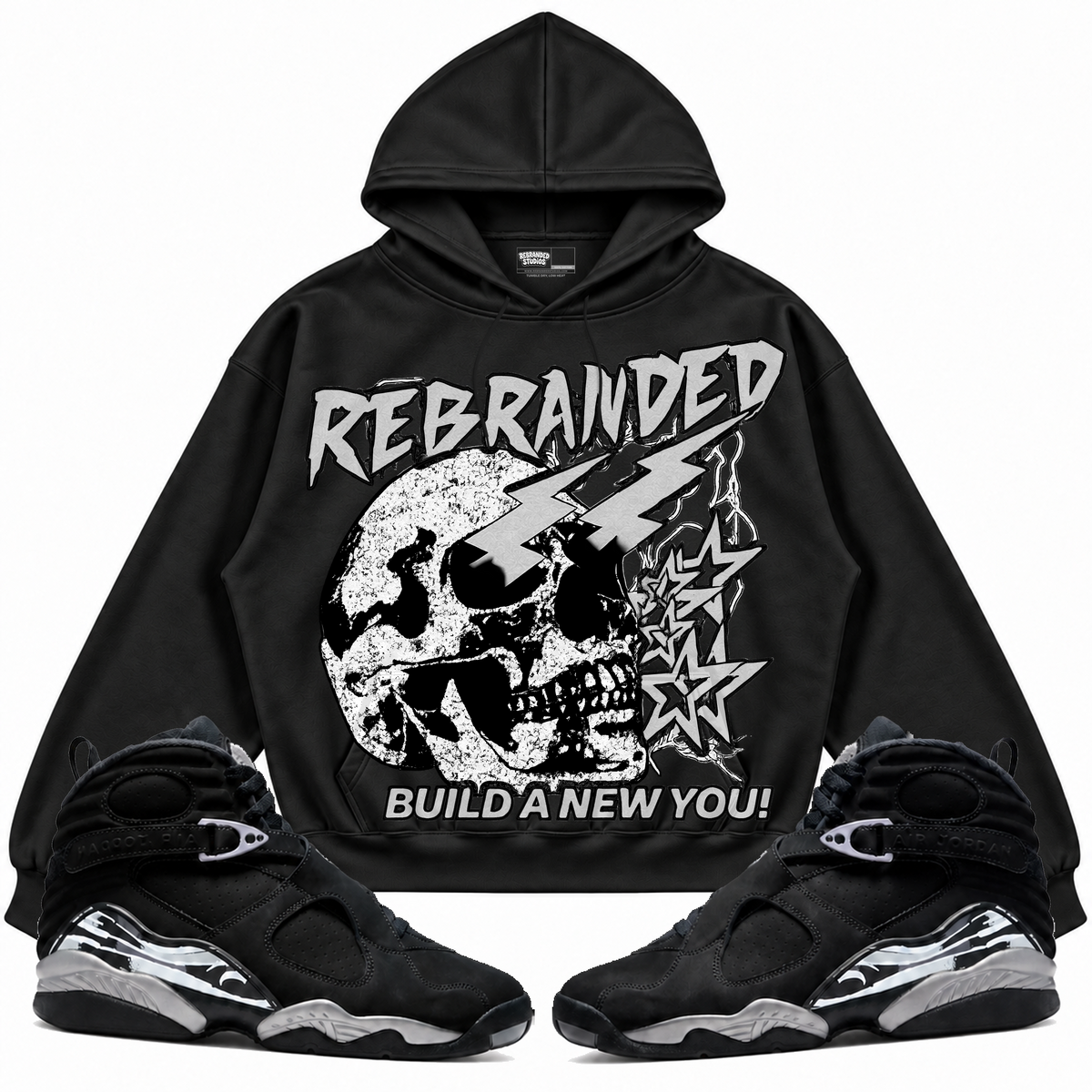 Rebranded Studios apparel — front styled with matching sneakers