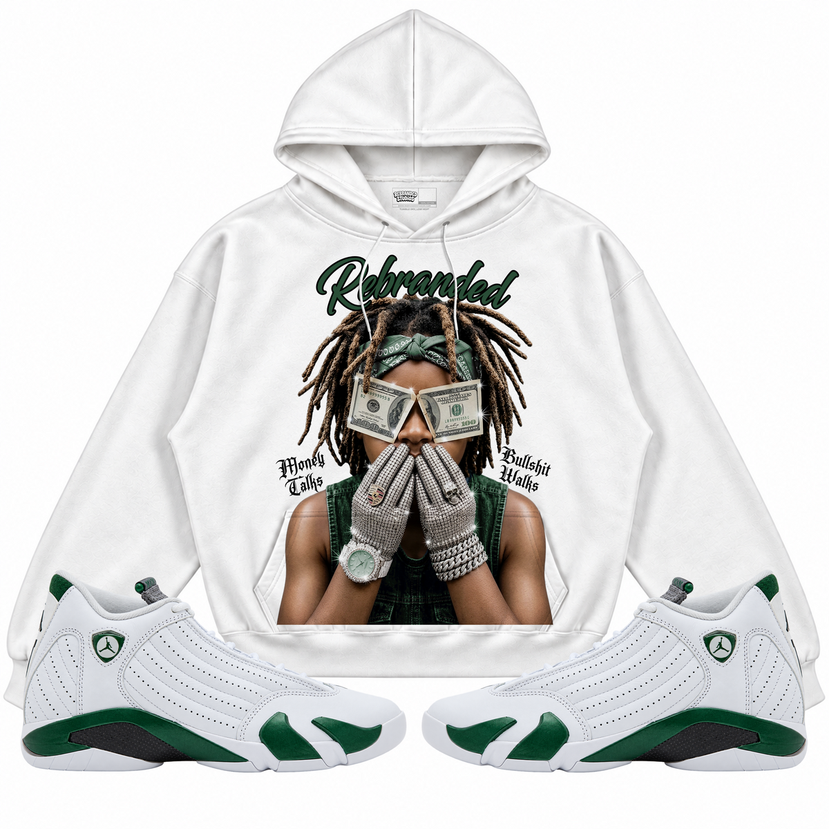 Rebranded Studios apparel — front styled with matching sneakers