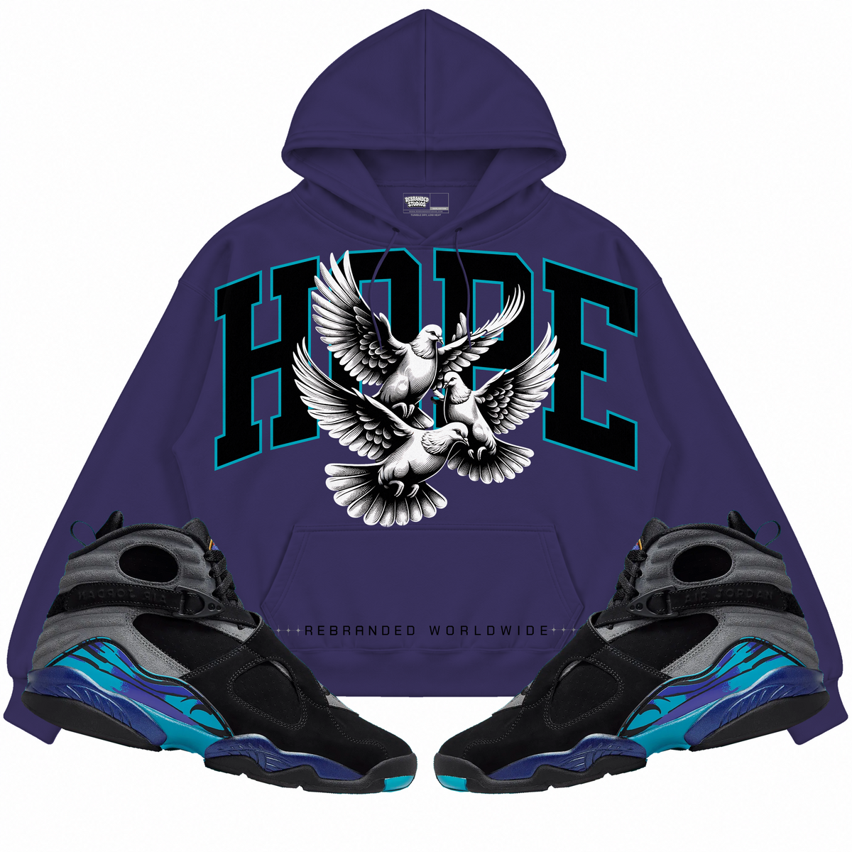 Rebranded Studios apparel — front styled with matching sneakers