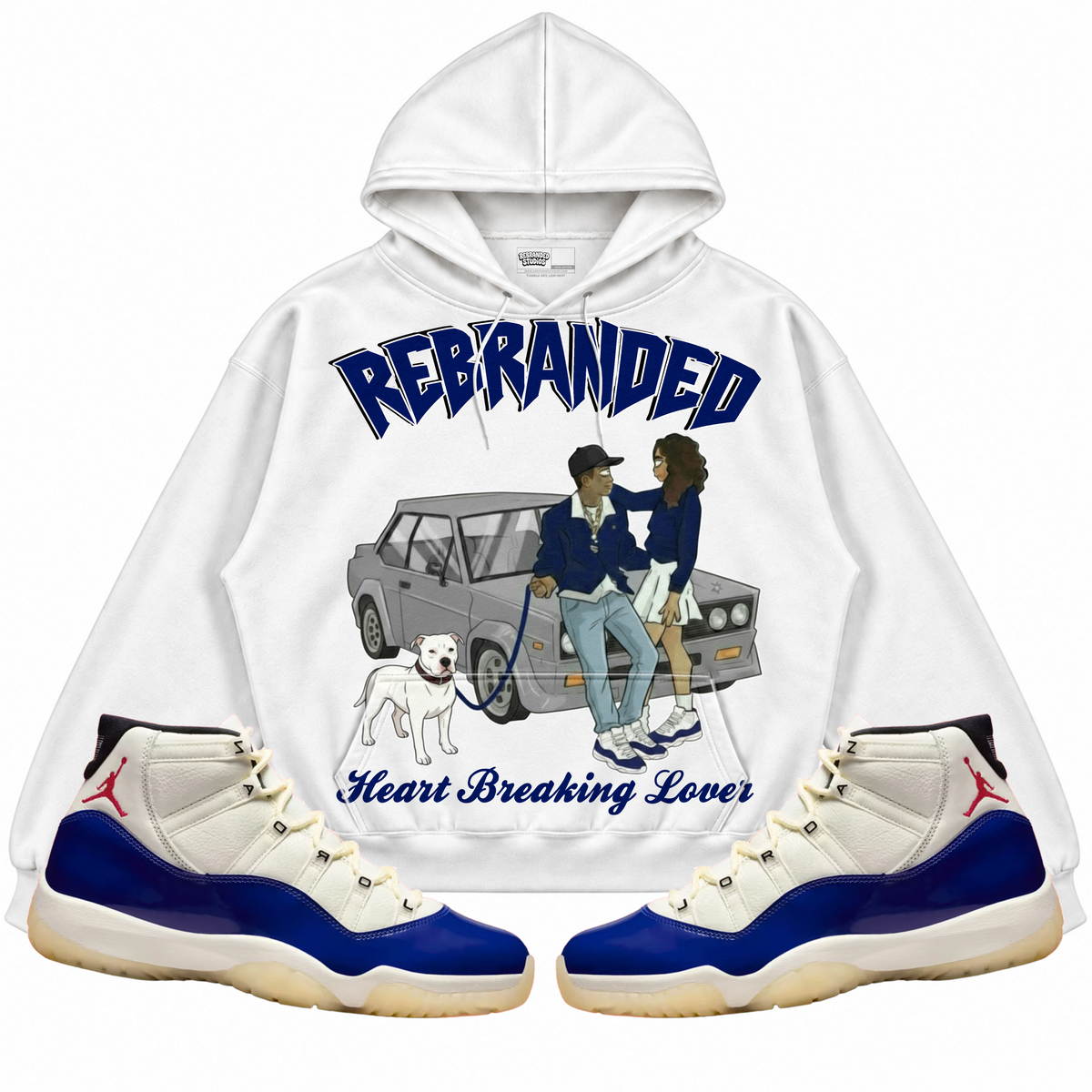 Rebranded Studios apparel — front styled with matching sneakers