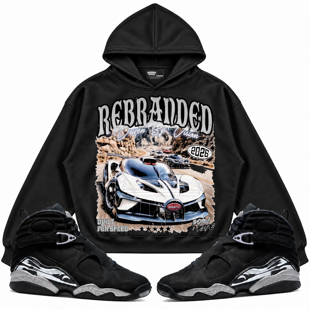 Rebranded Studios apparel — front styled with matching sneakers