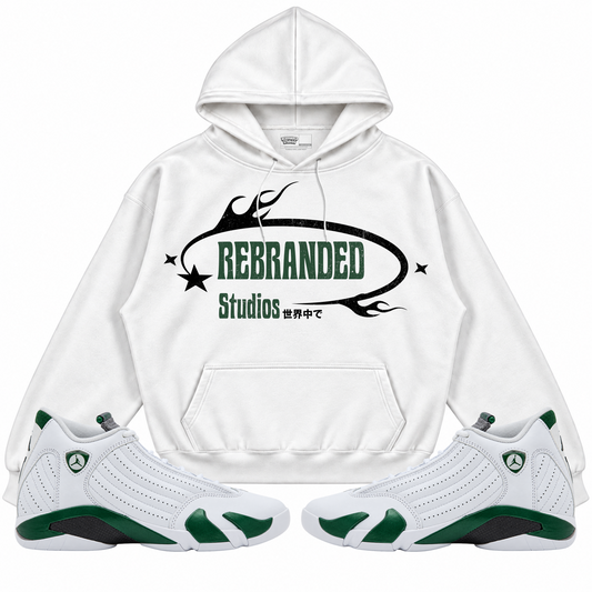 Rebranded Studios apparel — front styled with matching sneakers