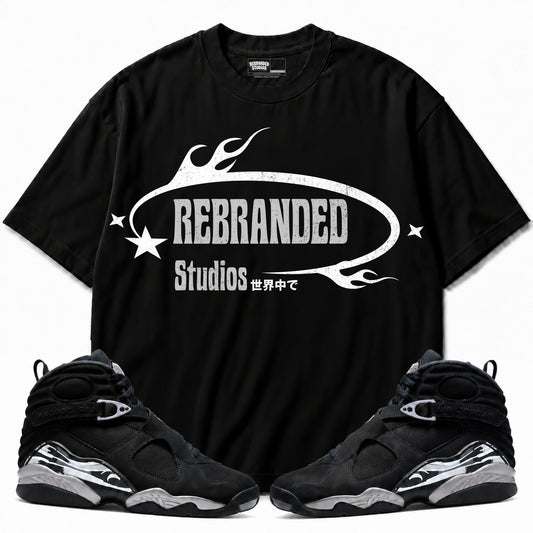 Rebranded Studios apparel — front styled with matching sneakers