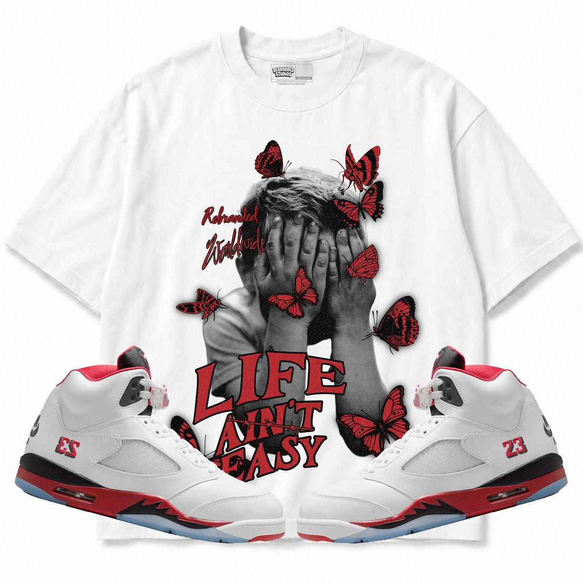Rebranded Studios apparel — front styled with matching sneakers