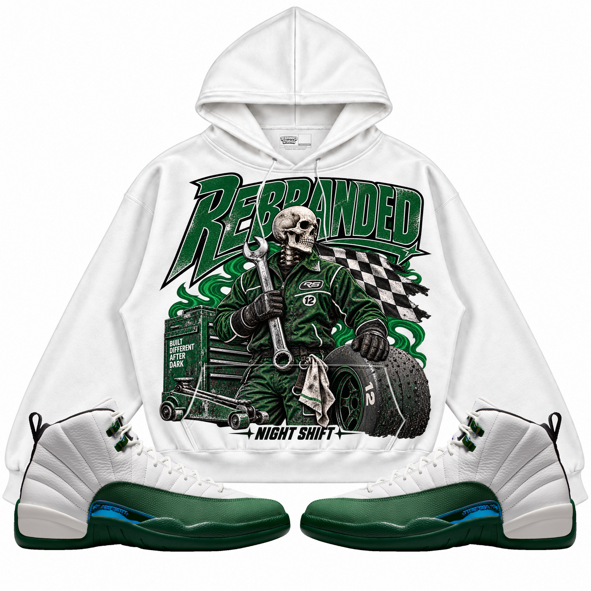 Rebranded Studios apparel — front styled with matching sneakers