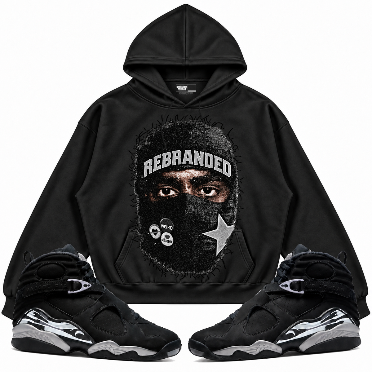 Rebranded Studios apparel — front styled with matching sneakers