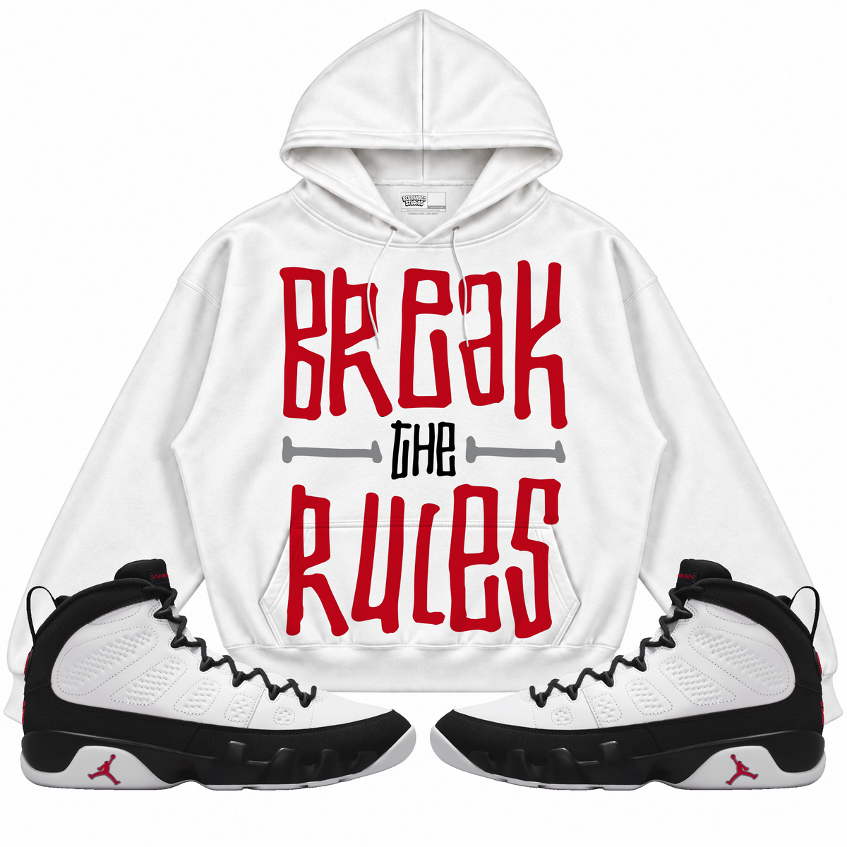 Rebranded Studios apparel — front styled with matching sneakers