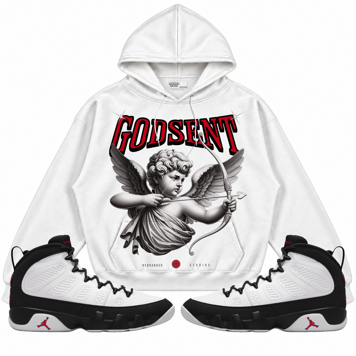 Rebranded Studios apparel — front styled with matching sneakers