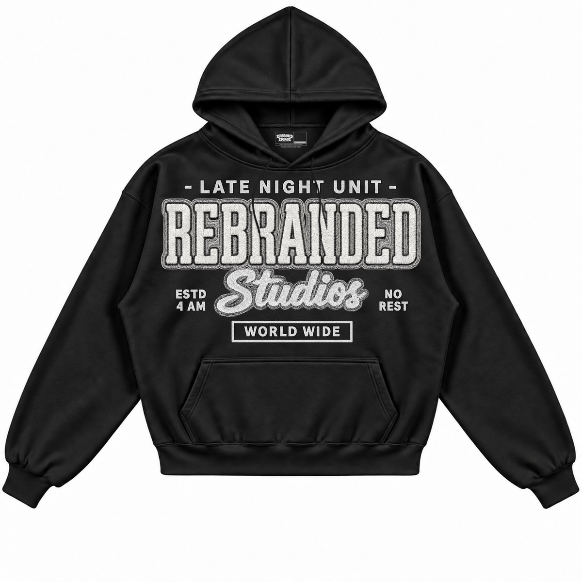 Rebranded Studios apparel — front without sneakers