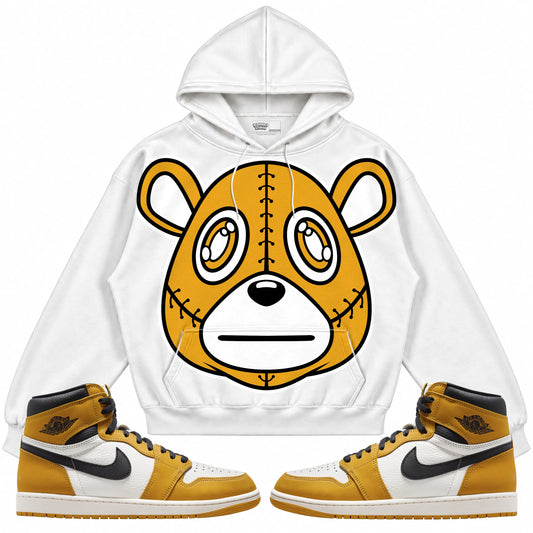 Rebranded Studios Air Jordan 1 High OG Yellow Ochre Hoodie — White — Front with sneakers