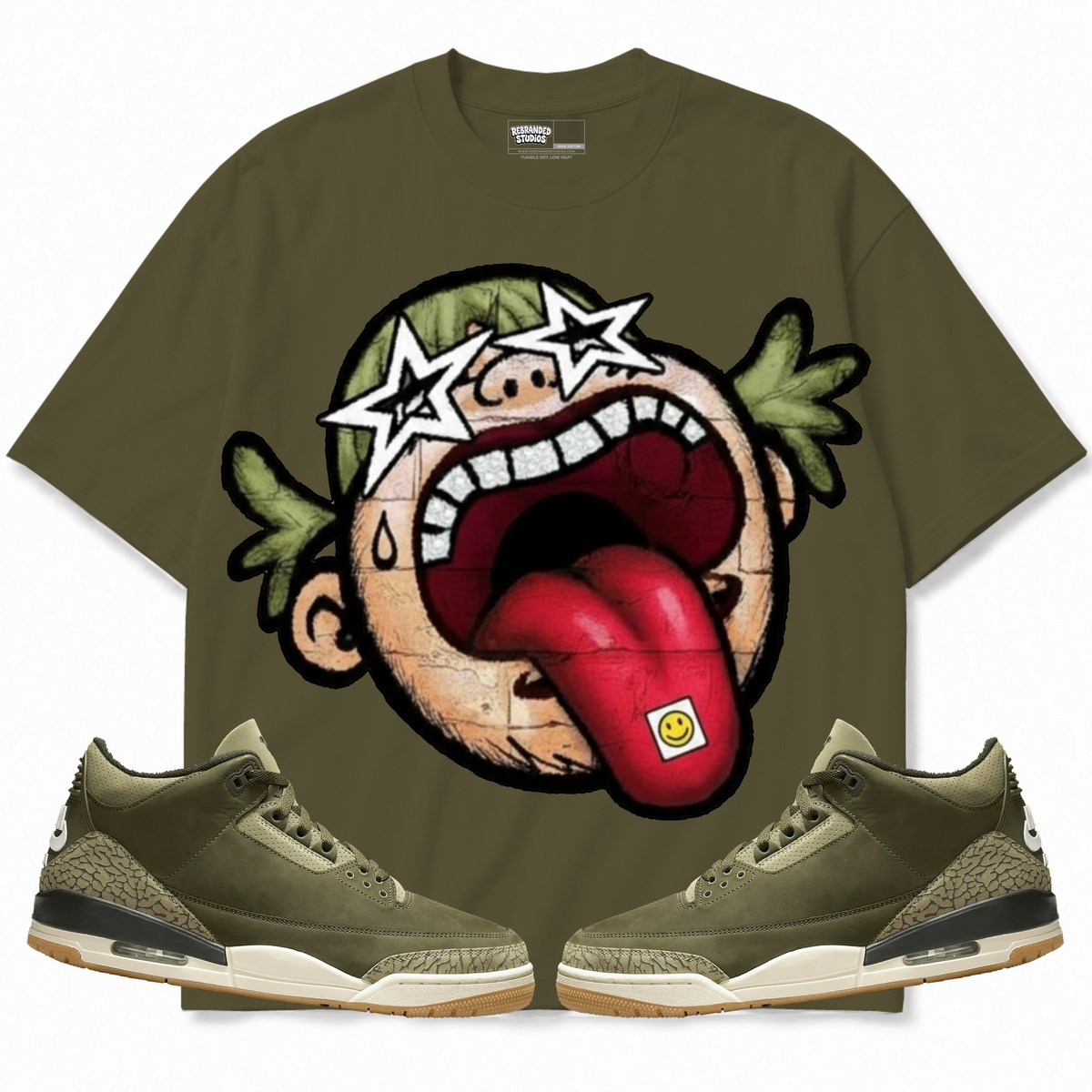 Rebranded Studios apparel — front styled with matching sneakers