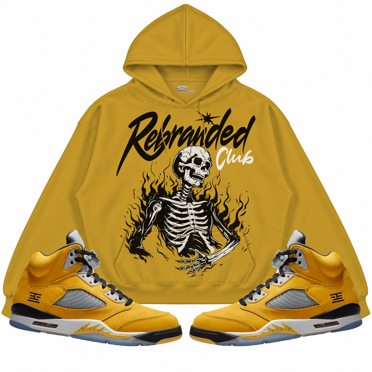 Rebranded Studios apparel — front styled with matching sneakers