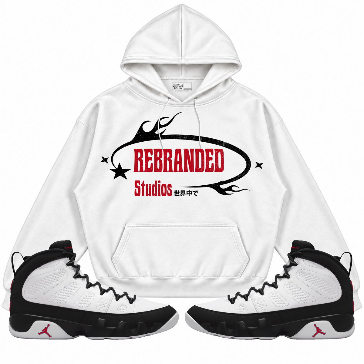 Rebranded Studios apparel — front styled with matching sneakers