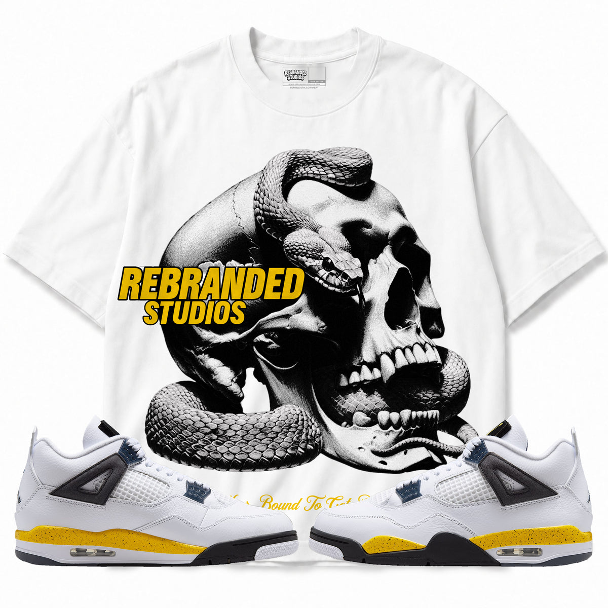 Rebranded Studios apparel — front styled with matching sneakers