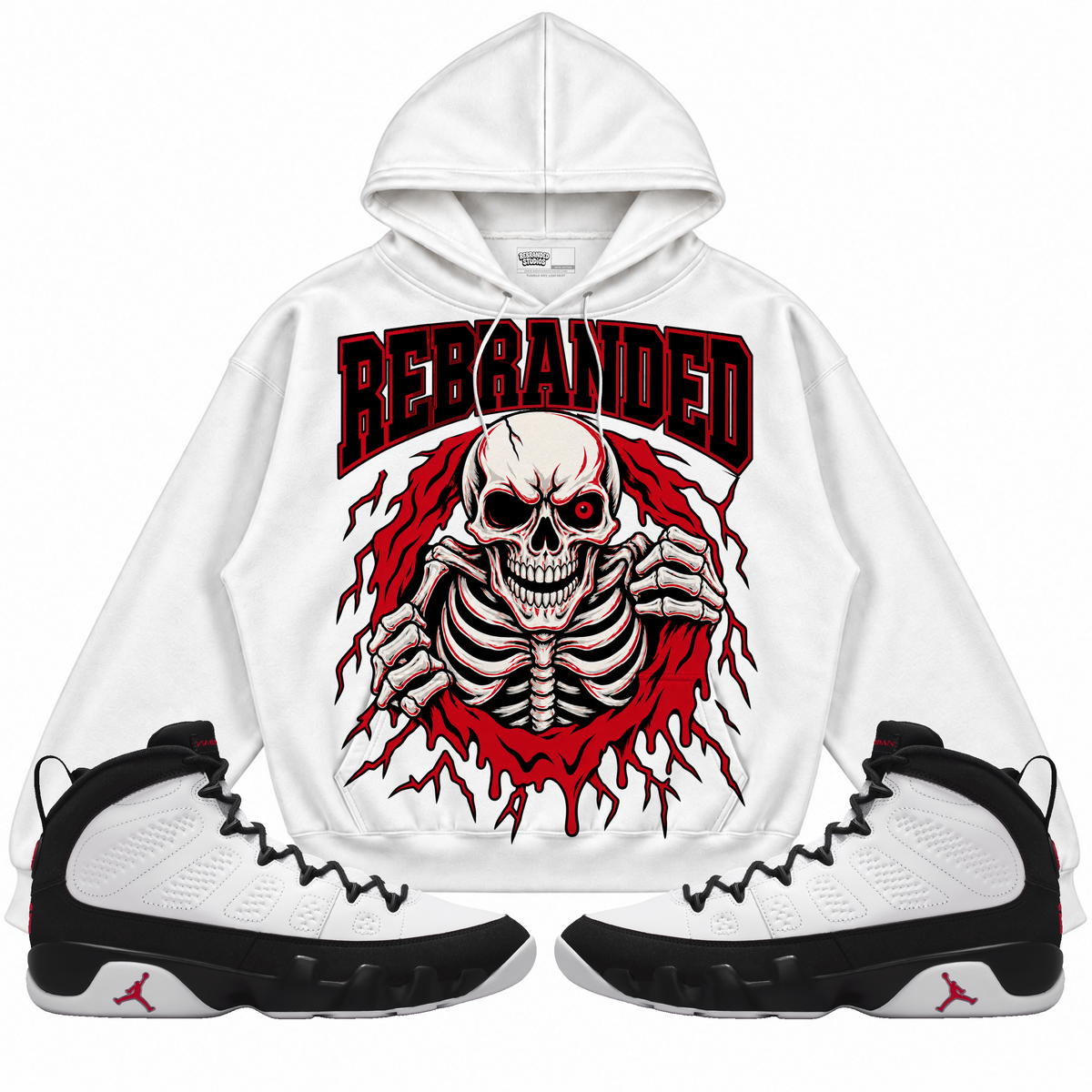 Rebranded Studios apparel — front styled with matching sneakers