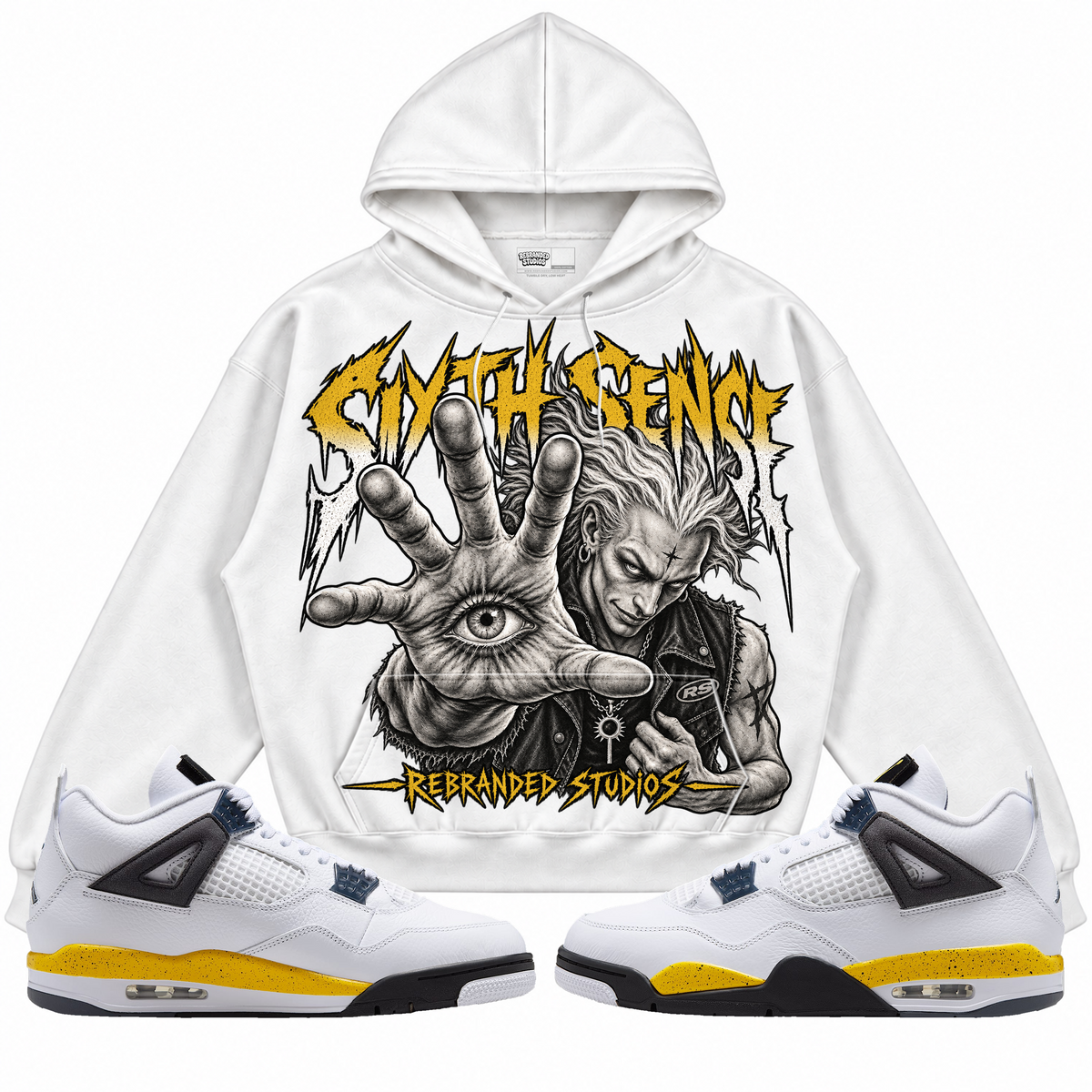 Rebranded Studios apparel — front styled with matching sneakers