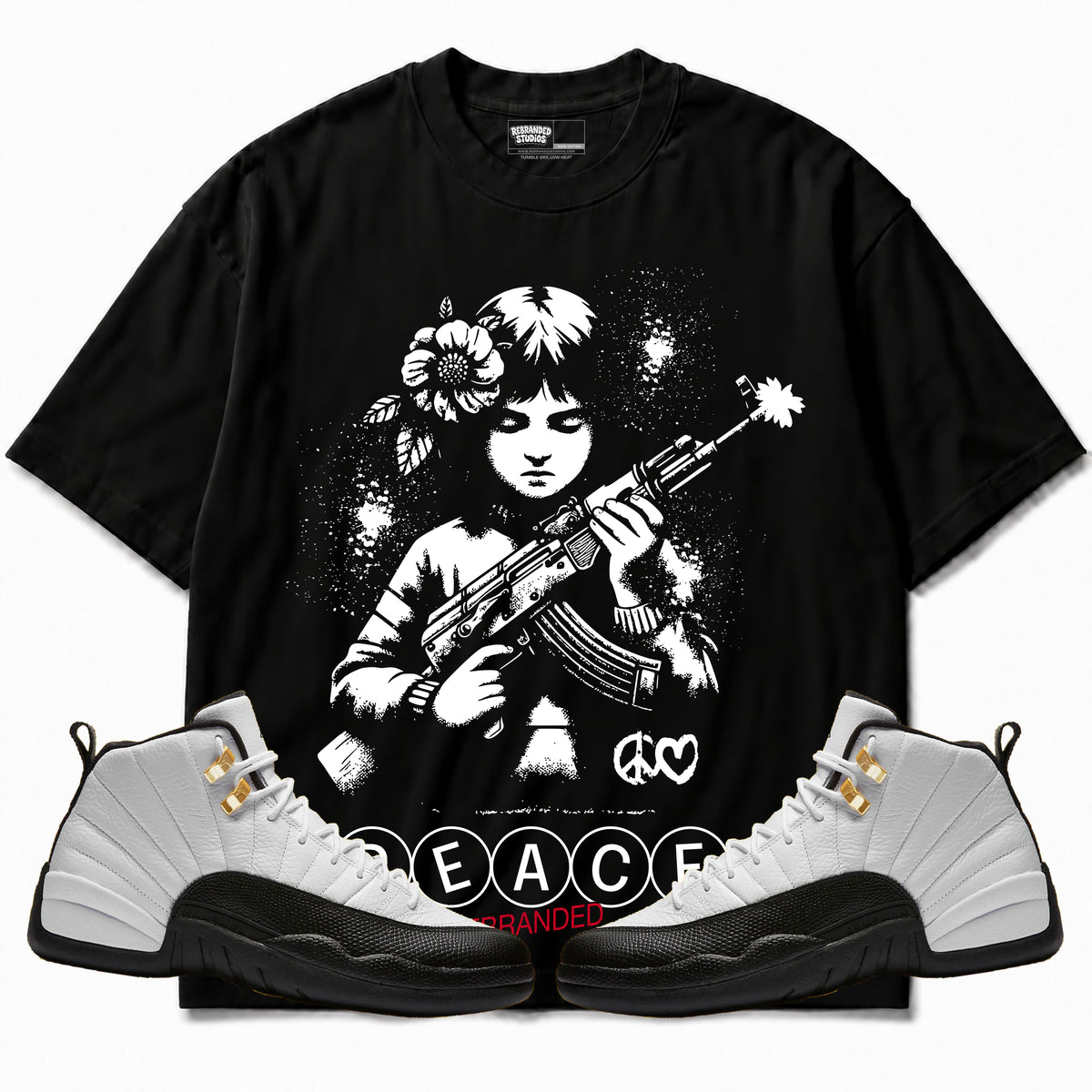 Rebranded Studios apparel — front styled with matching sneakers