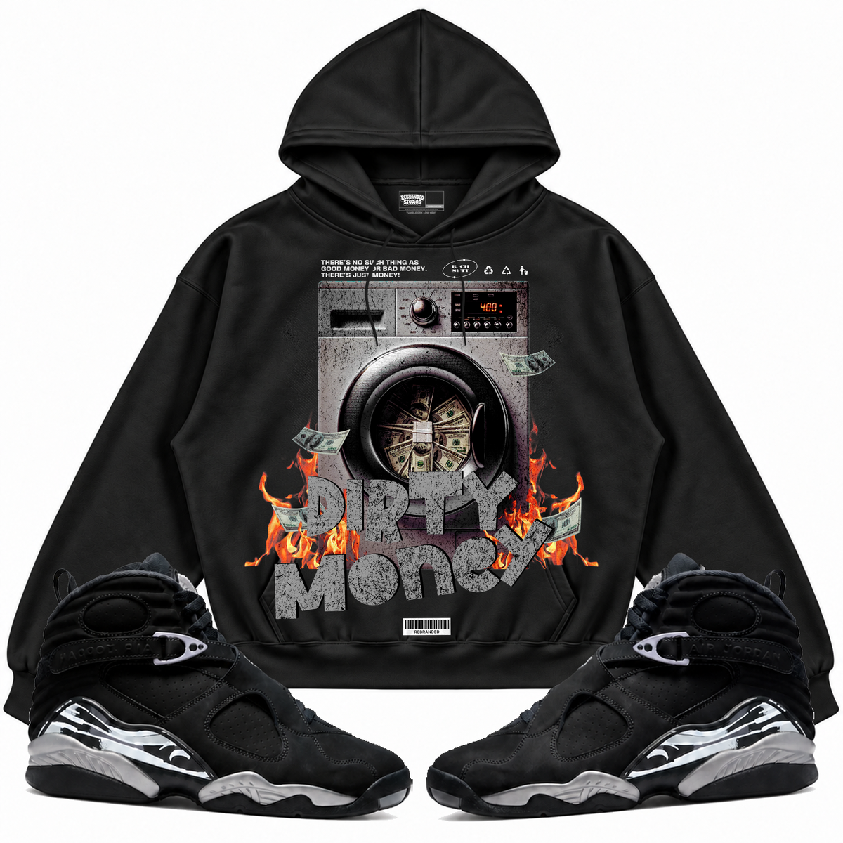 Rebranded Studios apparel — front styled with matching sneakers