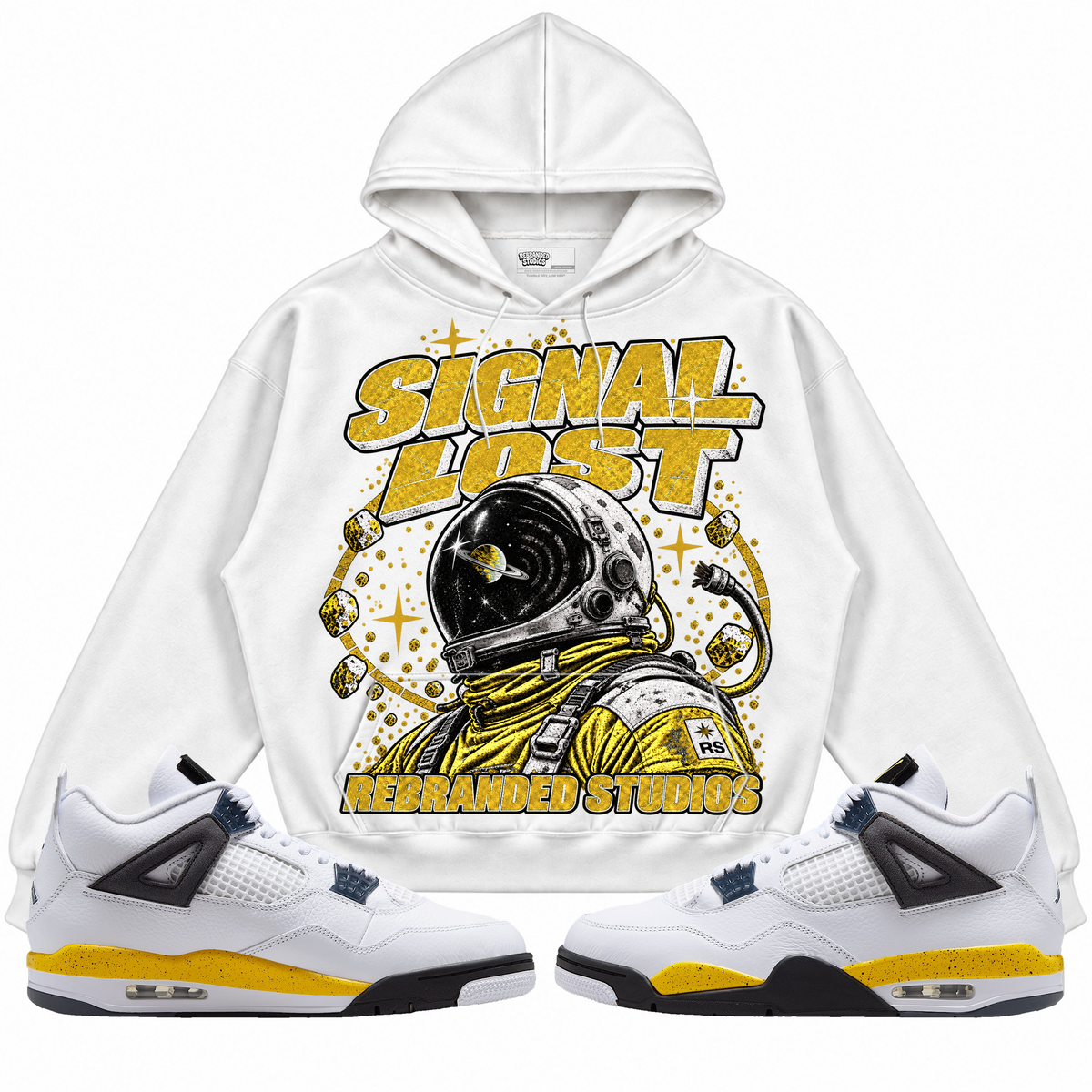 Rebranded Studios apparel — front styled with matching sneakers