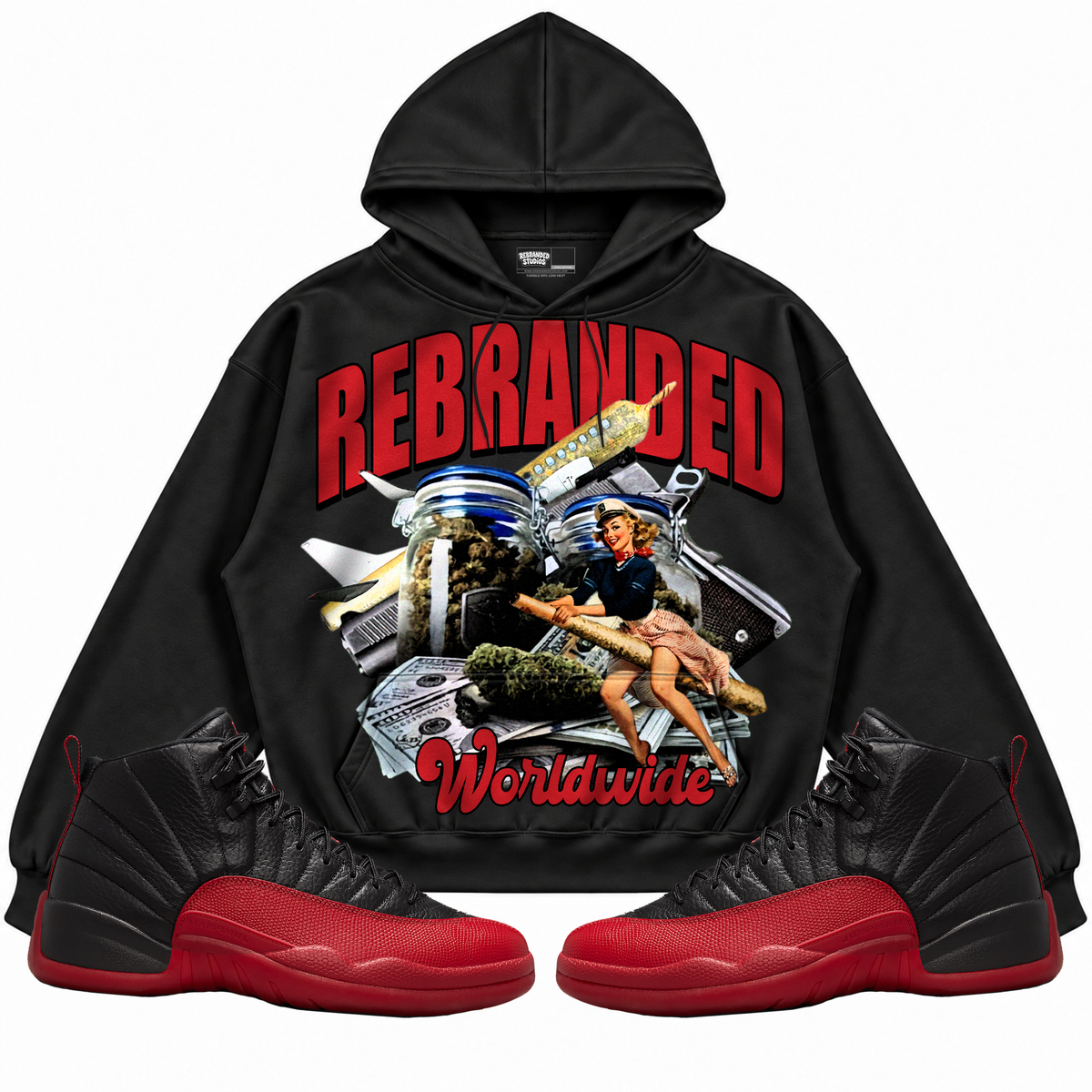 Rebranded Studios apparel — front styled with matching sneakers
