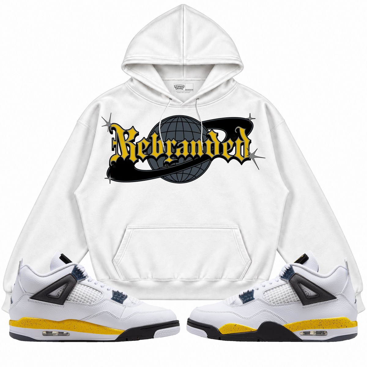 Rebranded Studios apparel — front styled with matching sneakers