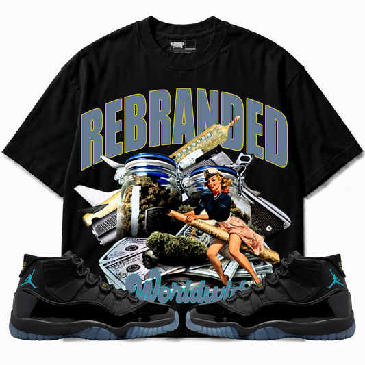 Rebranded Studios apparel — front styled with matching sneakers